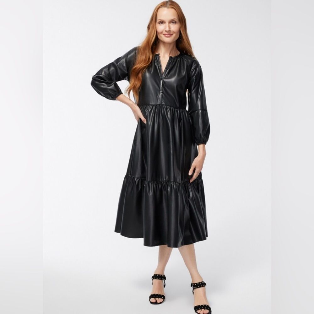 Chico’s Pleather Tiered Midi Dress Size 0 US 4 Black Puff Sleeves Pocket Witchy